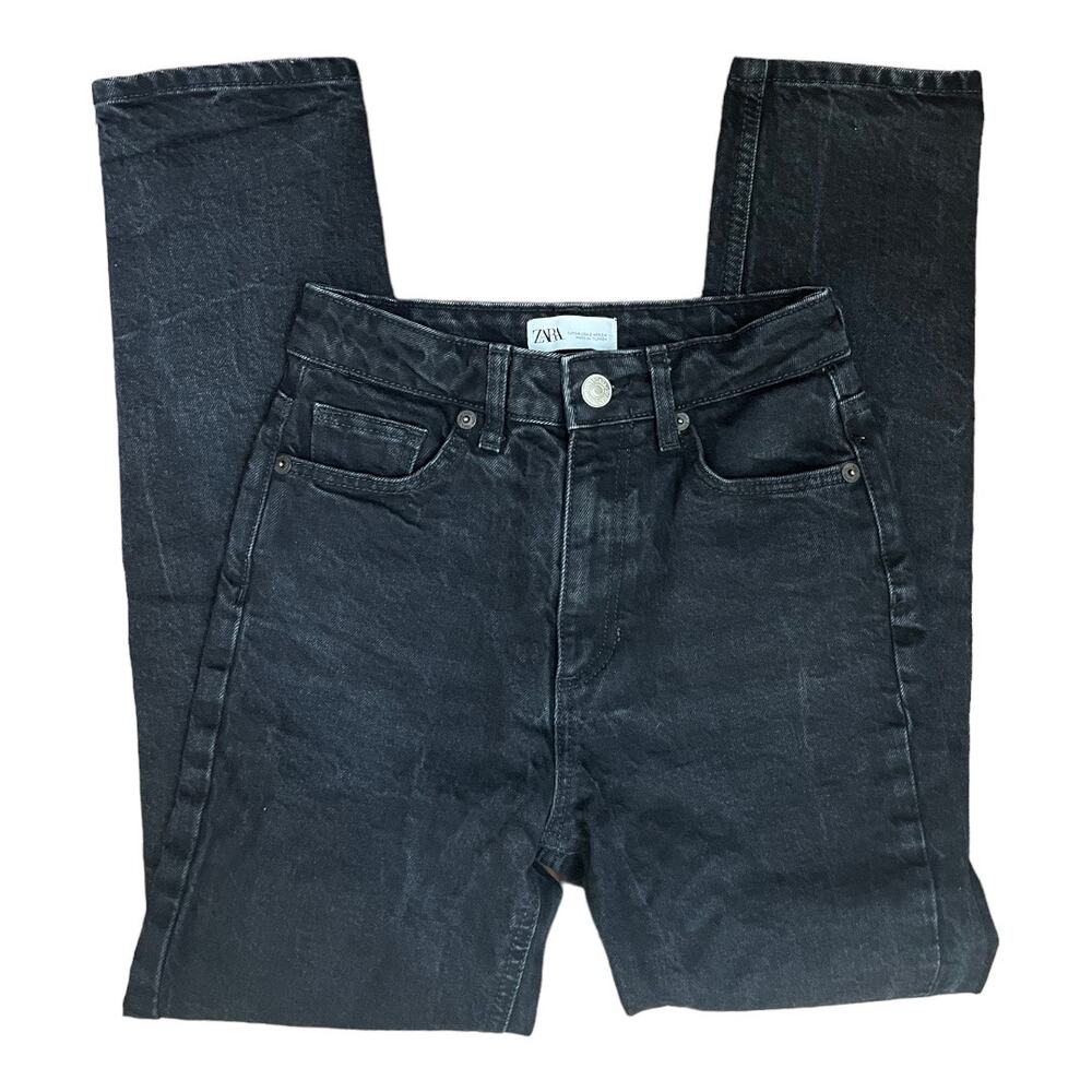 Zara skinny high rise stretch dark acid wash black denim jeans size 2